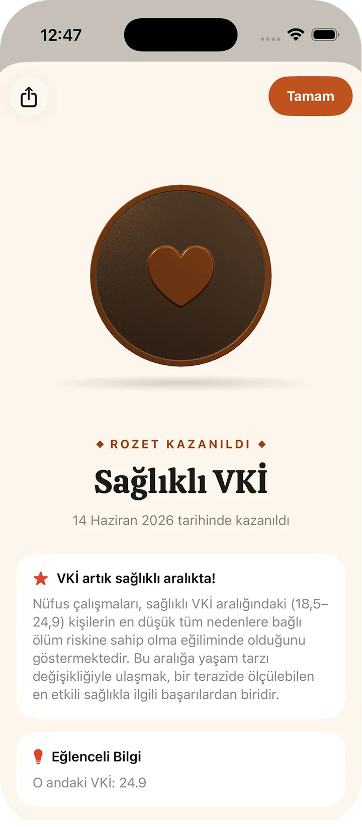 Kazanılmış Sağlıklı VKİ rozeti ve açıklaması