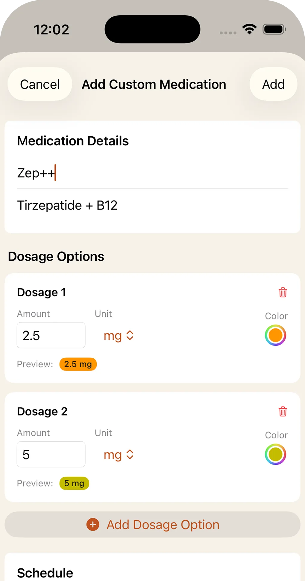 Add Custom Medication form with two dosage options
