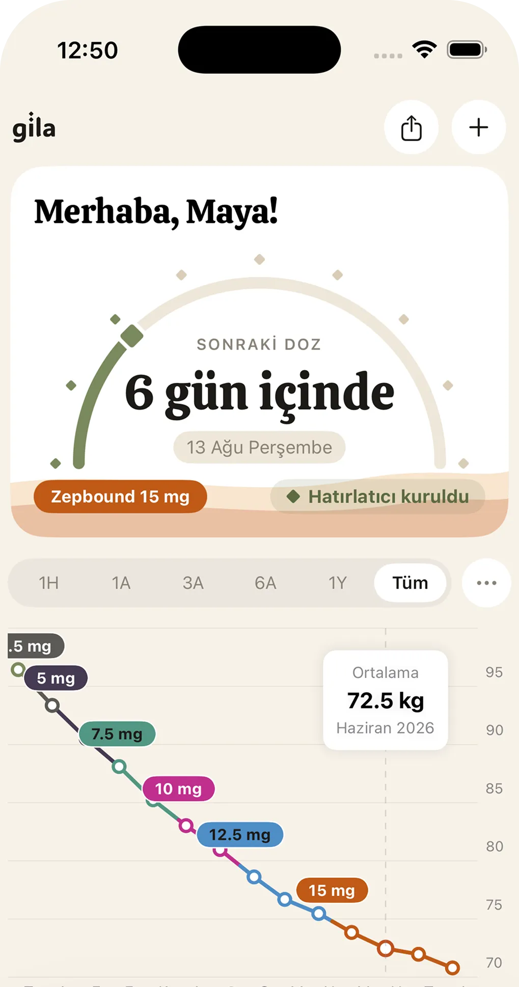 Gila ana ekranı: sonraki doz 6 gün içinde, doz değişiklikleriyle kilo grafiği