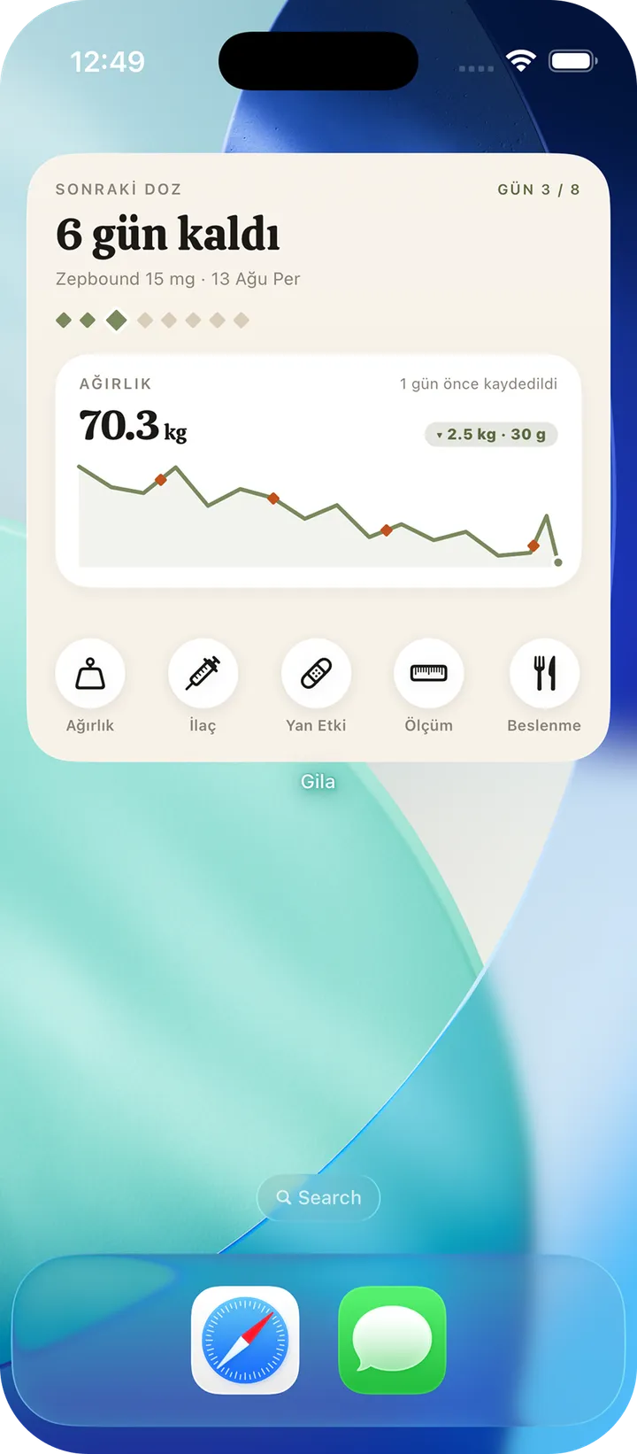 iPhone ana ekranında Gila widget'ı: sonraki doza 6 gün kaldı, kilo grafiği ve hızlı kayıt düğmeleri