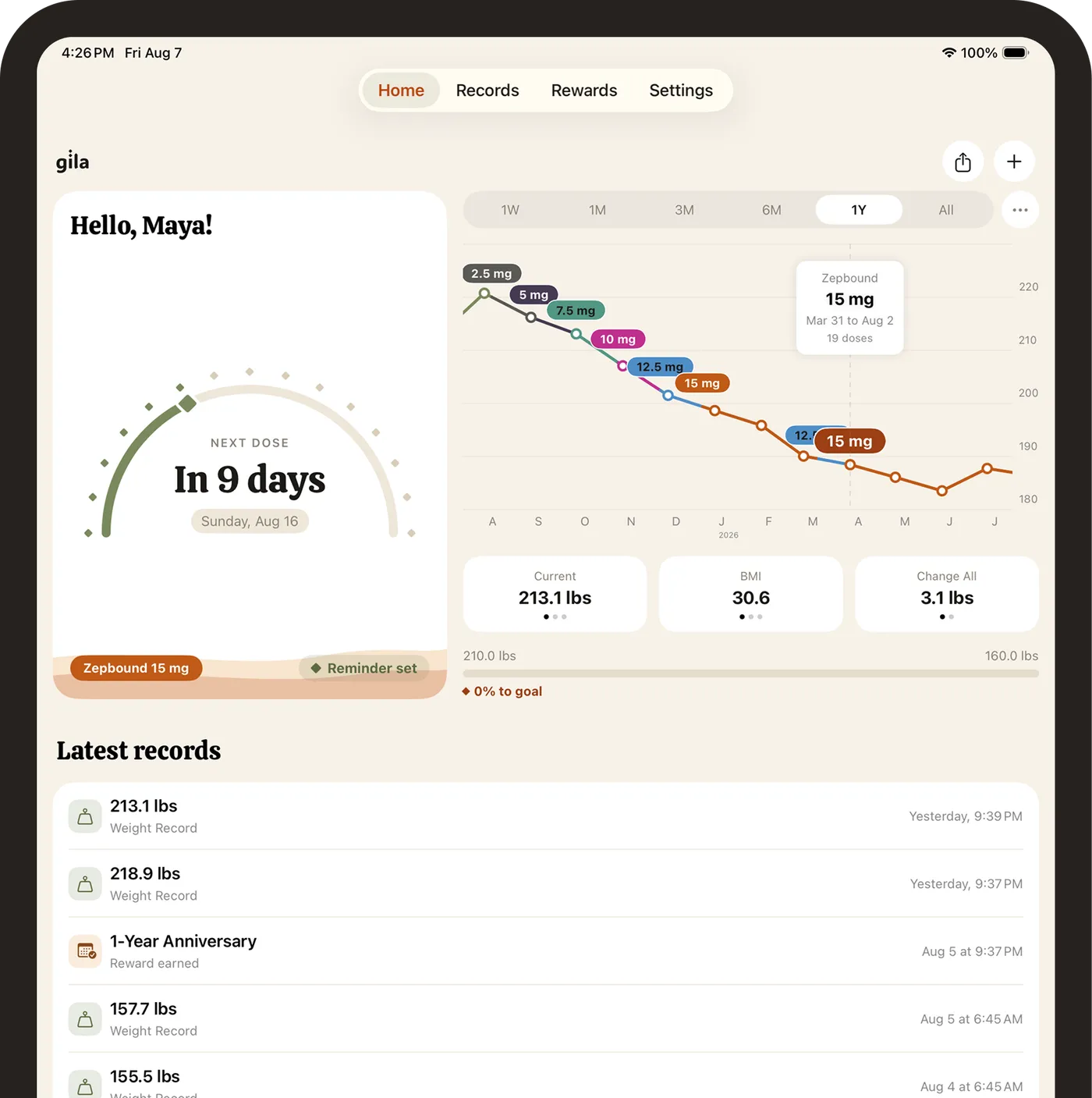 Gila on iPad with the dose gauge, chart and latest records side by side